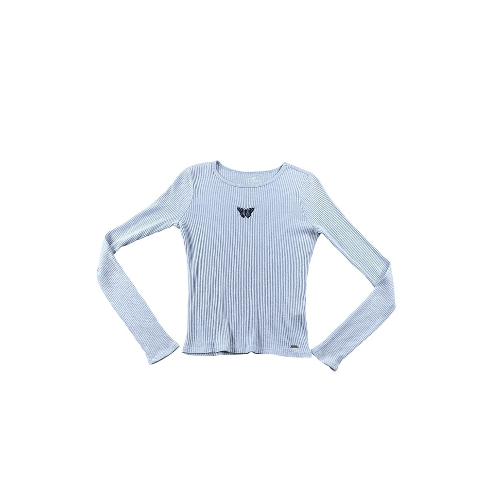 Hollister Must-Have Collection Ribbed Butterfly Baby Tee Long Sleeve Blue M
